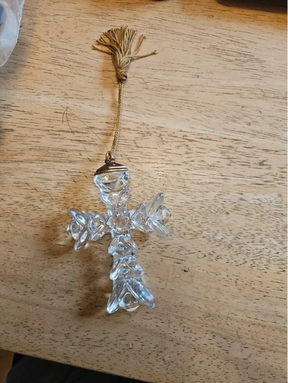 Vintage Clear Art Glass Cross Ornament Gold Tassel Hanging 4